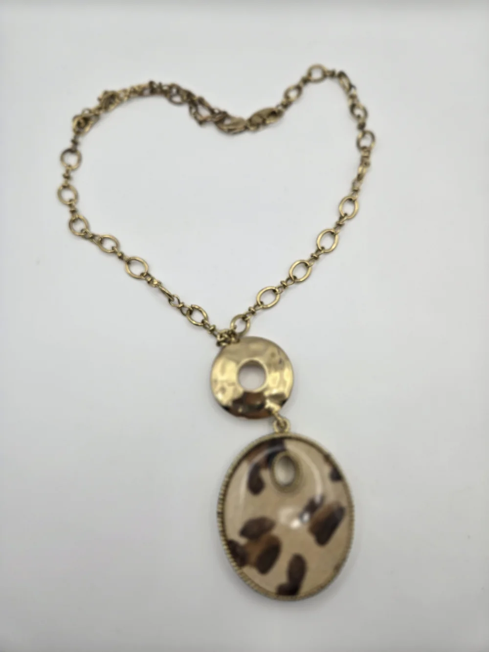 Chico's Goldtone Chain Reversible Leopard Animal Print Tiger's Eye Pendant READ*